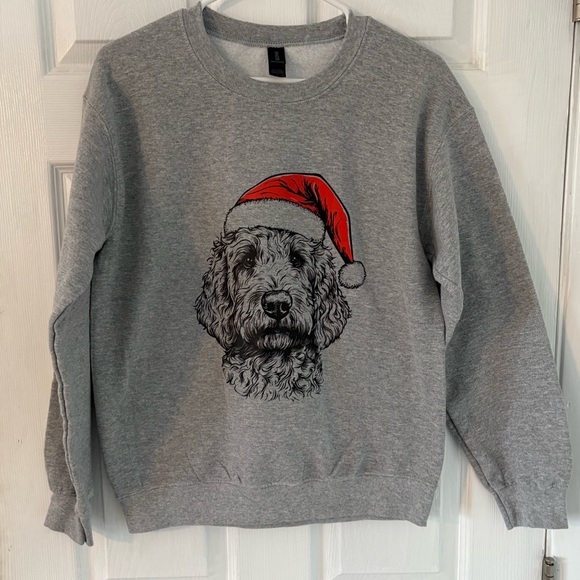 Christmas Dog Sweatshirt Santa Hat Gray Gildan S - Picture 2 of 5